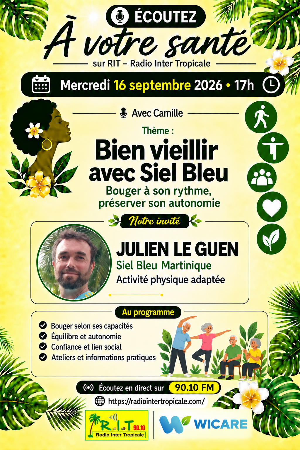 Flyer de l’émission À votre santé du 16 septembre 2026 avec Julien Le Guen de Siel Bleu Martinique